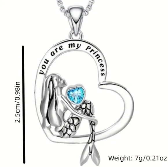 Necklace Mermaid 'you are my princess ' blue stone heart shape new - Picture 3 of 5
